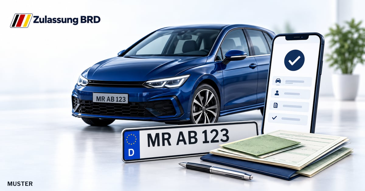 Online Fahrzeugzulassung in Gladenbach: Musterkennzeichen MR AB 123, Auto und Fahrzeugpapiere und Smartphone. Illustration mit Logo von Zulassung BRD.